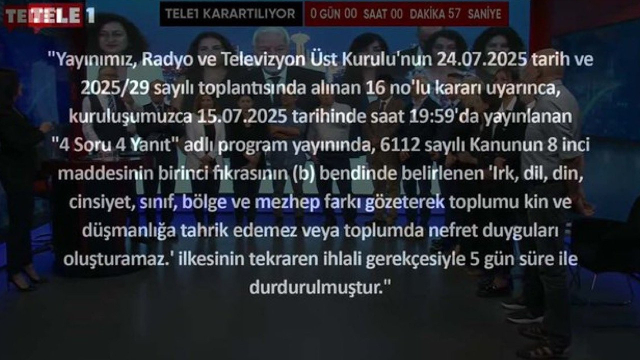TELE1 ekranı 5 gün süreyle karartıldı
