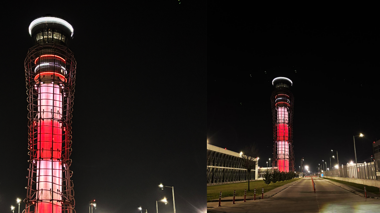 Sabiha Gökçen Havalimanı'nın simgesi olan kule, Türk bayrağı renkleri ile aydınlatıldı