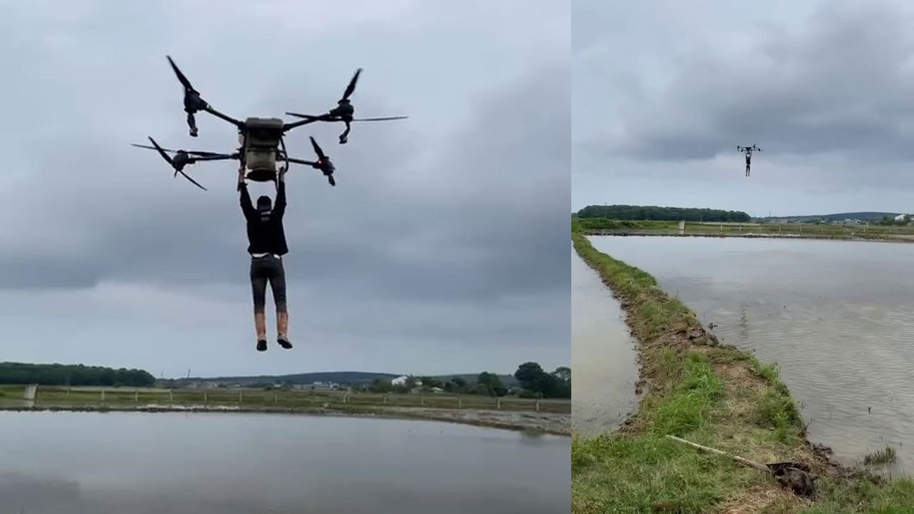 Çeltik tarlasında drona asılarak uçtu