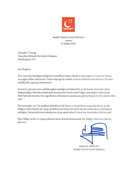 Saadet Partisi'nden Trump'a mektup: İki se&ccedil;eneğin var! - Resim : 1