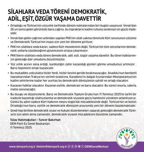 DEM Parti'den silah bırakma sonrası açıklama: Kazanan halklar olacaktır - Resim : 1
