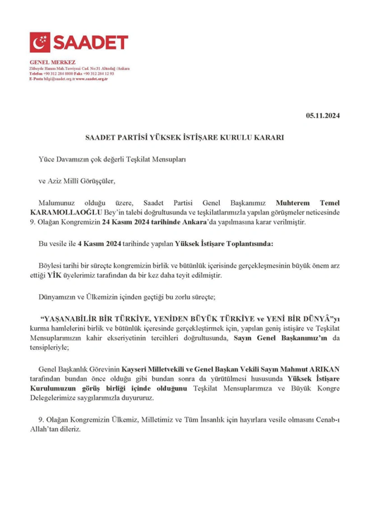 Saadet Partisi YİK, genel başkanlık için destekleyeceği adayı açıkladı - Resim : 1