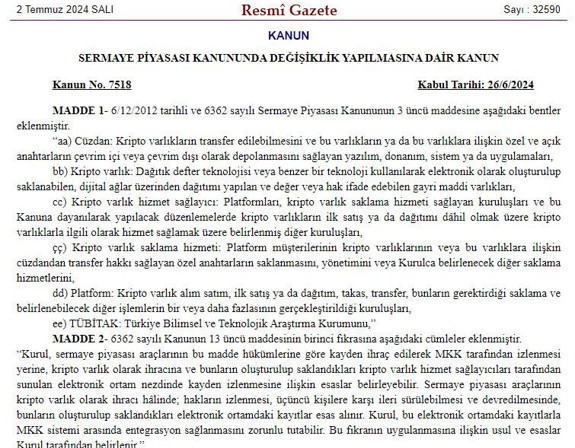 Kripto varlık düzenlemesi Resmi Gazete'de yayımlanarak yürürlüğe girdi - Resim : 1