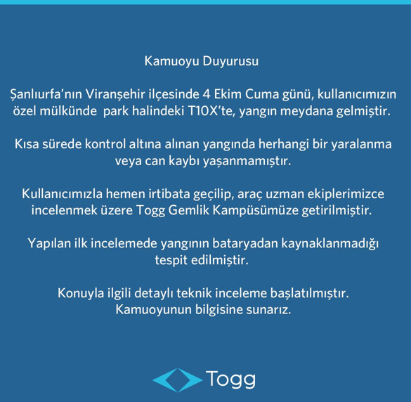 Togg’tan açıklama geldi! T10X park halinde yanmıştı - Resim : 1