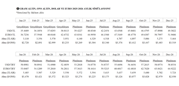 Gram altın, ons altın, dolar ve Euro aylık simülasyonu (2025–2026) - Resim : 1