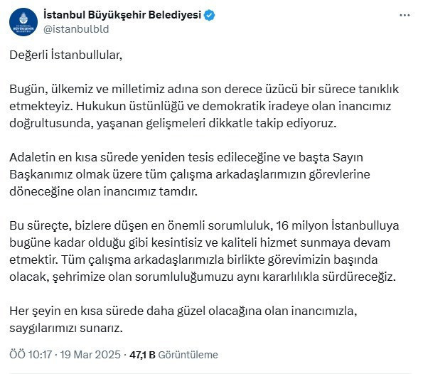 İBB'den İmamoğlu'nun gözaltına alınması ile ilgili açıklama - Resim : 1