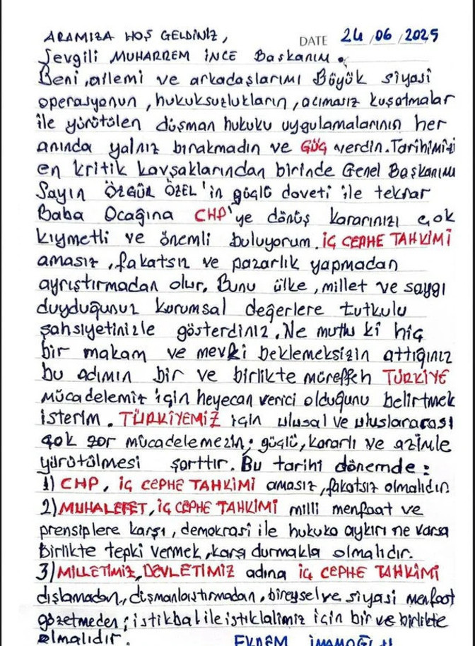 Muharrem İnce, CHP’ye dönüşünü İmamoğlu’nun mektubuyla duyurdu: Birleşe birleşe kazanacağız - Resim : 1