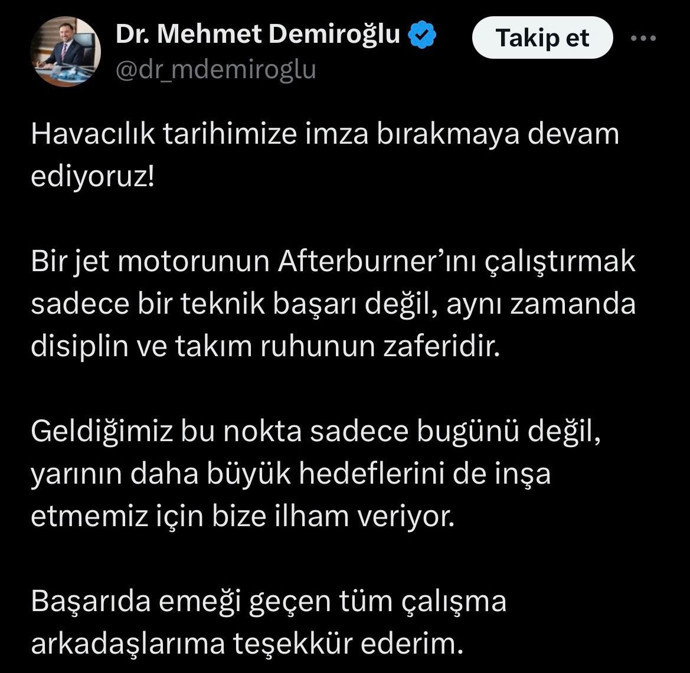 Milli Muharip Uçak KAAN art yakıcı çalıştırdı - Resim : 1