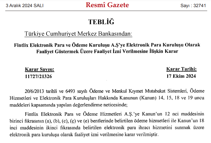 Resmi Gazete'de yayımlandı: Fintlix’e TCMB’den faaliyet izni - Resim : 1
