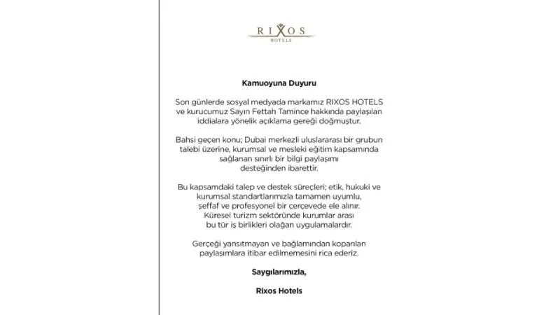 Rixos Hotels'den Epstein iddialarına ilişkin açıklama: Gerçeği yansıtmayan paylaşımlara itibar etmeyin - Resim : 1