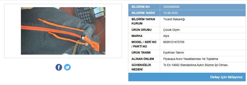 Bakanlık açıkladı: Bir çocuk giyim ürününün satışı yasaklandı - Resim : 1