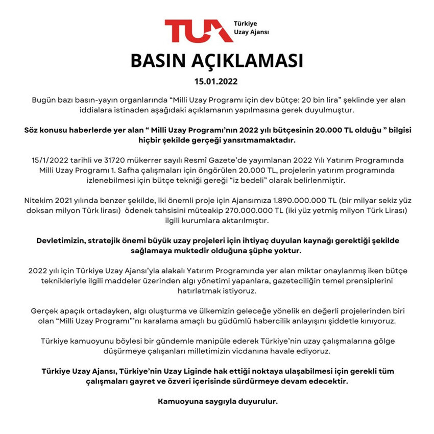 Türkiye Uzay Ajansı’ndan Milli Uzay Programı bütçesine ilişkin açıklama - Resim : 1