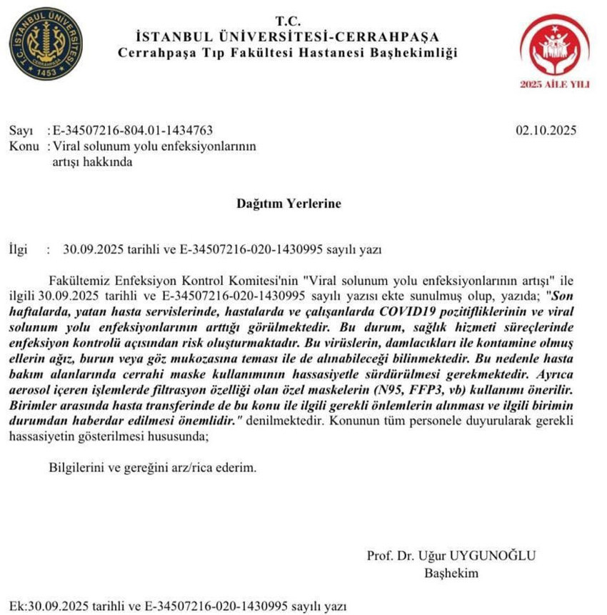 Başhekim'den doktorlara maske uyarısı: Cerrahpaşa'da Covid ve grip alarmı verildi - Resim : 1